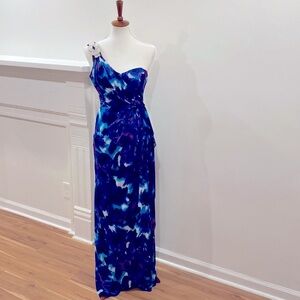 Xscape One Shoulder Dress in Blue and White